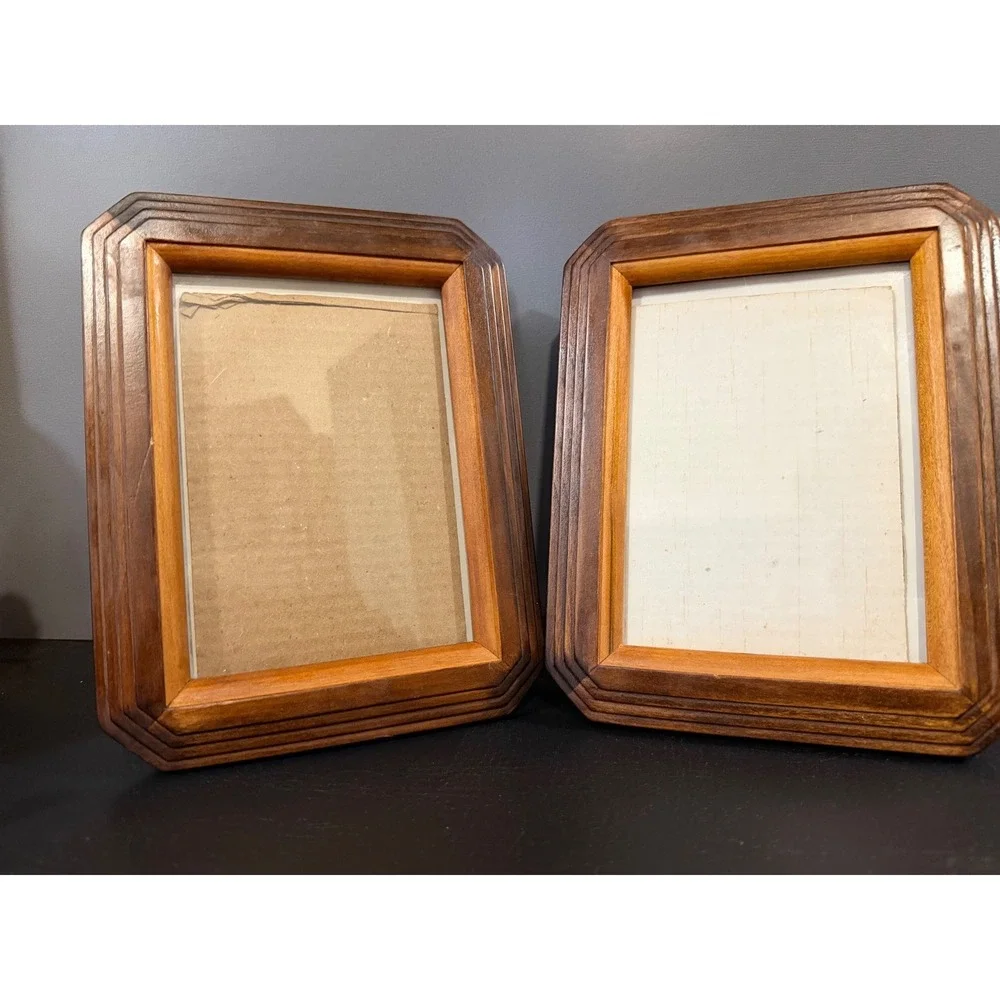 Vintage Wood Picture Frames Set of 2 Geometric Lines 5x7 Photo 9x7 Rustic